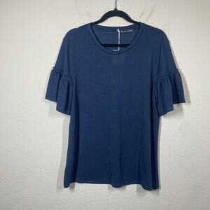 Adrianna Papell Womens Flutter Sleeves Boxy Top Tee Navy Crew Neck Stretch